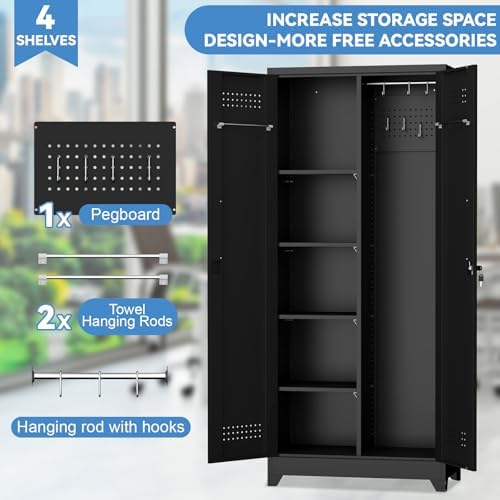 IRONFFICE Metal Utility Closet,Broom Closet Storage Cabinet with Doors and Shelves,Locking Storage Cabinets for Home Office,Gym,Laundry,Black