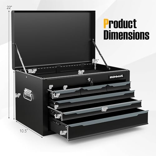 Tool Box, 6-Drawer Steel Tool Chest with Top Storage Automatic Lock & EVA Liner, Portable Tool Storage Organizer for Repair Shop Garage Warehouse (Black)