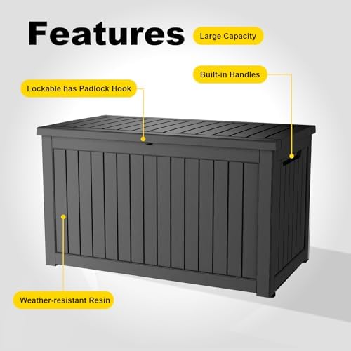 ROJIK Outdoor Storage Housing Deck Box-Waterproof Patio Furniture,Garden Tools,Cushions,Pool Accessories Storage Waterproof Resin Box with Capacity (280 Gal & Black)