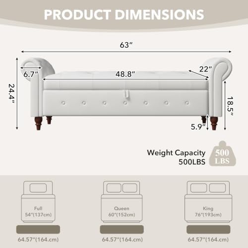 NIOIIKIT 63'' Storage Ottoman Bench, Tufted Entryway Bench White Polyester
