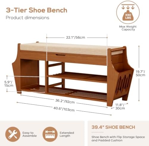 39.4in Shoe Bench with 2 Holder, 3 Tier Bamboo Entryway Bench with Storage