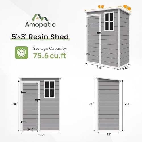 Amopatio Outdoor Storage Shed with Floor, 5x3 FT Lockable Plastic Tool Shed with Ventilation, Waterproof Resin Garden Sheds for Backyard, Patio, Lawn and Bike Grey