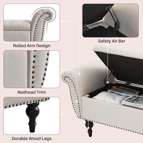 Storage Ottoman Bench, 64" Upholstered Entryway Bench, Beige