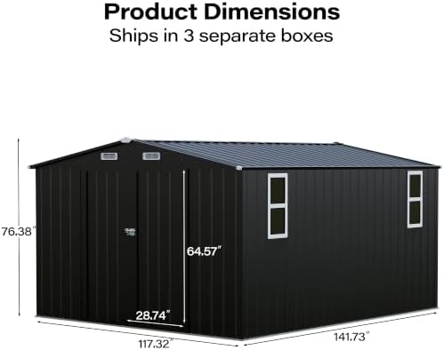 LAUSAINT HOME 10 x 12 FT Outdoor Storage Shed with Windows, Heavy Duty Galvanized Steel Storage Shed with Double Lockable Doors, Gable Roof & Air Vent for Backyard, Black