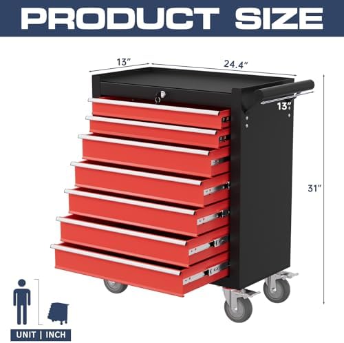 7-Drawer Tool Chest,Rolling Tool Cart with Wheels,High Capacity Tool Cabinet with Locking System for Garage, Warehouse, Workshop-Black&Red