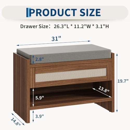 Garvee 31" L Farmhouse Shoe Bench with Storage Drawer & Linen Cushion