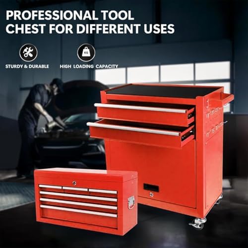 8 Drawers Rolling Tool Chest, 2-in-1 Detachable Metal Tool Storage Cabinet with Wheels, Lockable Tool Cart with Hooks for Garage, Workshop or Salon Use, Red
