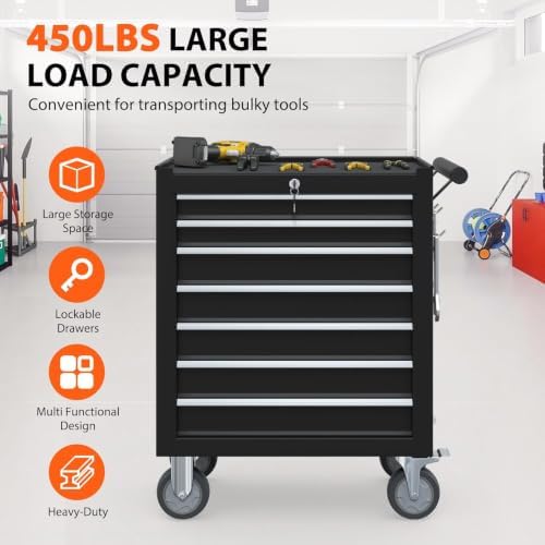 7-Drawer Rolling Tool Chest, Tool Box with 4 Wheels and Drawers, High Capacity Detachable Mobile Tool Storage Cabinet for Garage, Workshop, Mechanics and Repair Room (Black)