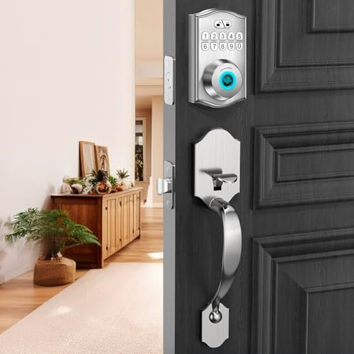 Miko i9 Keypad Door Lock with Handle Set – Fingerprint Keyless Entry Front Door Lock, Electronic Deadbolt with Lever Handle for Exterior Door, Auto-Lock, 100 Fingerprints and Codes