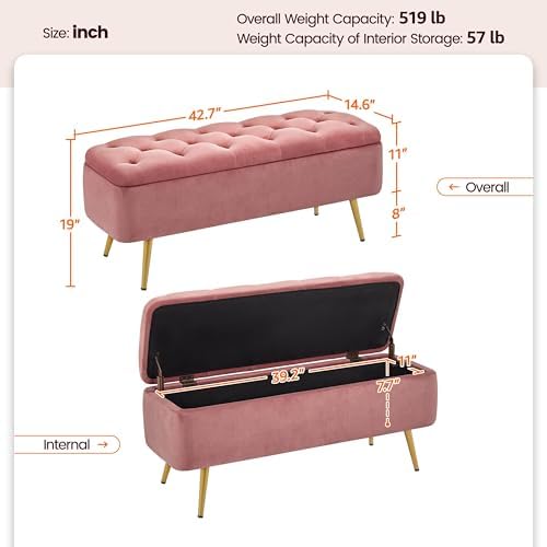 Yaheetech Storage Ottoman Bench for Bedroom, Velvet End of Bed Bench, Pink