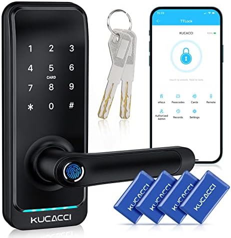 Keyless Entry Smart Lock with Handle: Kucacci Smart Door Lock with Keypad - Digital Fingerprint Lock with Keypad -APP Control for Exterior Door- Easy Retrofit Knob Deadbolt Lever
