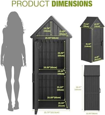 Outdoor Storage Shed, Waterproof Storage Cabinet with Ample Space, Sturdy Resin with Lockable Door and Sloping Roof, Multiple Hooks for Backyard, Garden, Patio & Lawn, Black