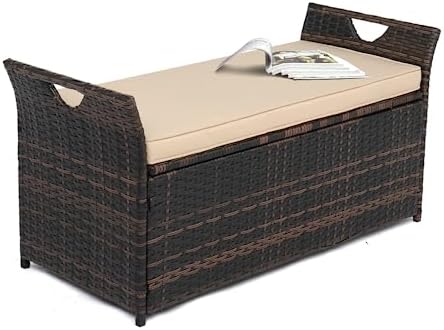 VINGLI 40 Gallon Outdoor Storage Bench with Cushion, Rattan Storage Box, Patio Wicker Deck Box with Seat for Garden | Balcony | Porch | Pool | Yard (Brown Frame + Beige Cushion)