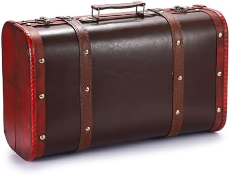 ELLDOO Vintage Wooden Storage Chest, Portable Decorative Luggage Suitcase, Vintage Red Treasure Chest Box, Pirate Keepsakes Box for Gifts, Chest Storage Box for Decor Storage Travel