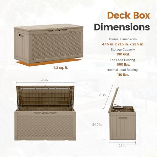 Greesum 100 Gallon Resin Patio Storage Box for Garden Tools, Coffee