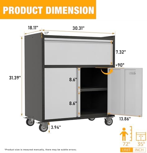 Metal Garage Tool Storage Cabinet with 1 Drawer, Large Space Industrial Metal Storage Cabinet with Wheels and Doors,Locking Small Utility Chest for Home, Office and Garage