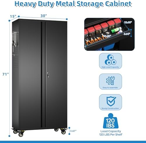 71" Rolling Metal Storage Cabinet with Lock & Pegboards, Black