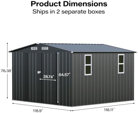 LAUSAINT HOME 10 x 10 FT Outdoor Storage Shed with Windows, Heavy Duty Galvanized Steel Storage Shed with Double Lockable Doors, Gable Roof & Air Vent for Backyard & Patio, Black