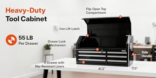 42" Rolling Tool Chest with 6 Drawers - Tool Box with Ball Bearing Slides, Iron Lift-Latch Handles, Flip-Open Top Compartment, Slip-Resistant Liners, Ideal for Garage, Workshop, and Industrial Storage