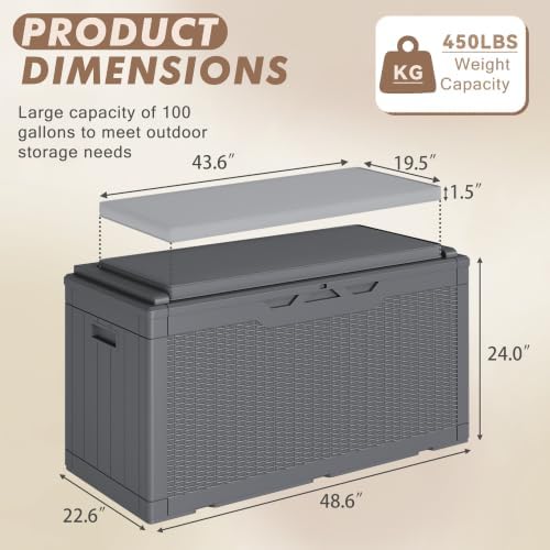 Devoko 100 Gallon Deck Box Waterproof Outdoor Storage Box with Cushion