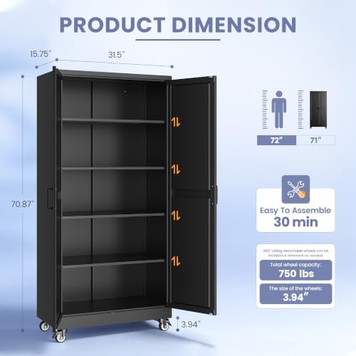 71"Metal Storage Cabinet with Wheels,Garage Cabinets,Pantry Cabinet