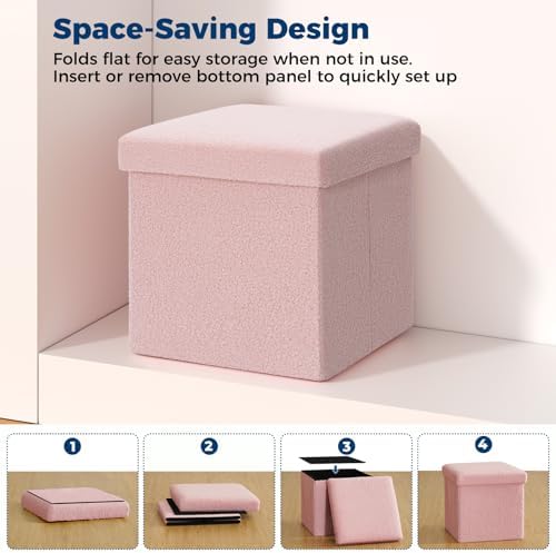 Folding Storage Ottoman Bench, 15 Inch Boucle Small Ottoman Foot Rest for Couch, End of Bed Bench with 397 lb Capacity, Storage Chest for Living Room, Bedroom, Entryway Pink