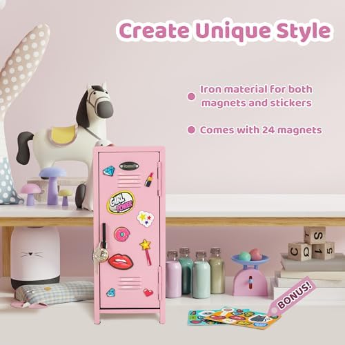 YOBRO Mini Locker with Lock, 2 Keys, 24 Magnetic Stickers, Pink