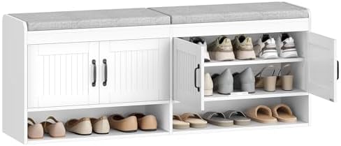 Hzuaneri 55.1" Shoe Storage Bench, Shoe Bench with 4 Doors & Padded Cushion