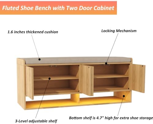 HOMEFORT 47.2" Fluted Shoe Storage Bench, Entryway Bench with Linen Seat Cushion, Shoe Cabinet Bench with Adjustable Shelf and Built-in LED Sensor Light, Bench for Bedroom End of Bed, Natural Oak