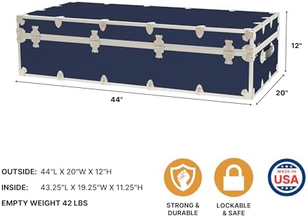 Rhino Trunk & Case Trundle Home Storage & College Trunk - 44”x20”x12” - 1500+ lbs Capacity. USA Made Secure Under-Dorm Bed Footlocker for Clothes and Food, and Underbed Shoe Storage Box