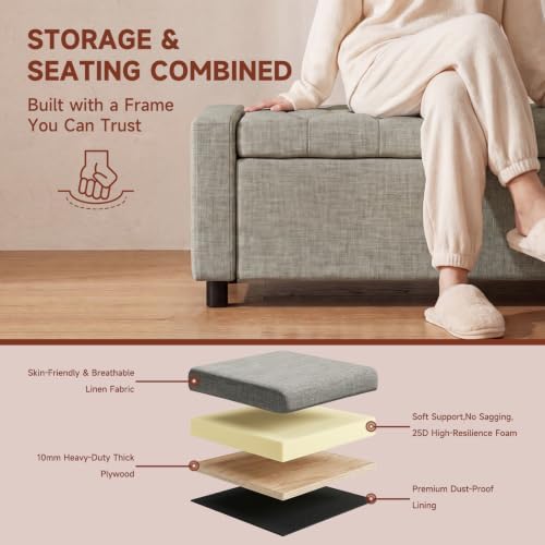 46" Storage Ottoman Bench, 30Gal Linen Tufted, End of Bed Bench