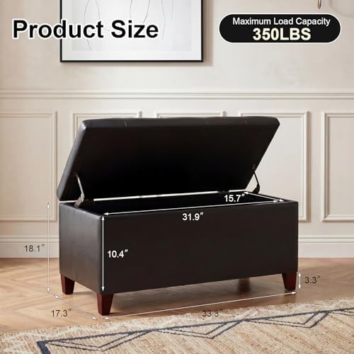 Asense Storage Ottoman Bench, 33" Faux Leather Upholstered End of Bed Bench with Safety Hinge,Wooden Legs,for Entryway Bedroom Living Room,Black
