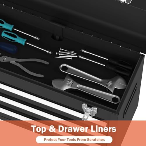 3 Drawer Metal Tool Box, Heavy Duty Steel Tool Chest with Ball Bearing Drawers, Portable Metal Toolbox with EVC Liners and Latches Closure, Powder Coated Tool Storage for Garage, Workbench & Home