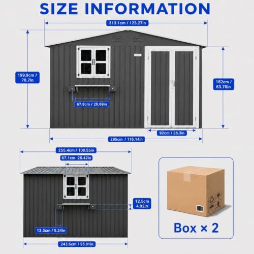 10x8 FT Outdoor Storage Shed with 2 Clear Windows, Metal Garden Shed with Flower Racks & Baskets, Outside Tool Shed with Lockable Double Doors, Waterproof Storage Building for Backyard, Coal Gray