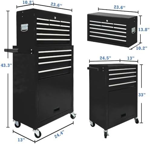 13 Drawers Tool Chest with Wheels,Large Capacity Tool Storage Cabinet with Removable Top Toolbox, Locking Mechanical Tool Cart with Liner,Suitable for Garages, Warehouses-Black