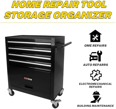 4-Drawer Heavy-Duty Rolling Steel Tool Cart with Handle&Wheels, Black Metal Storage Cabinet, Tool Chest for Efficient Tool Storage in Garage, Warehouse, Workshop, Repair Shop