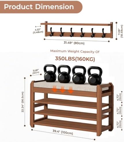 39.4" Shoe Rack Bench with Coat Rack 3-Tier, Entryway Storage Bench