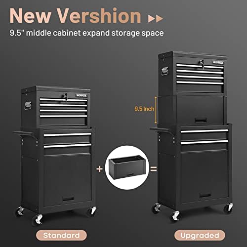 ERGOMASTER Rolling Tool Chest - Removable Top Box Large Bottom Cabinet with Casters and Lock System Tool-Box - Heighten 6-Drawer Black
