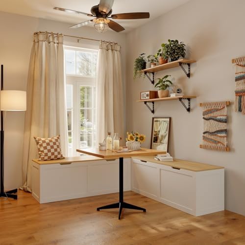 L Shaped Breakfast Nook Bench with Hidden Storage, 63 Inch Corner Dining Bench for Small Kitchen, Breakfast Nook for Dining Room, Entryway, Oak 63”L x 63”W x 17.7”H