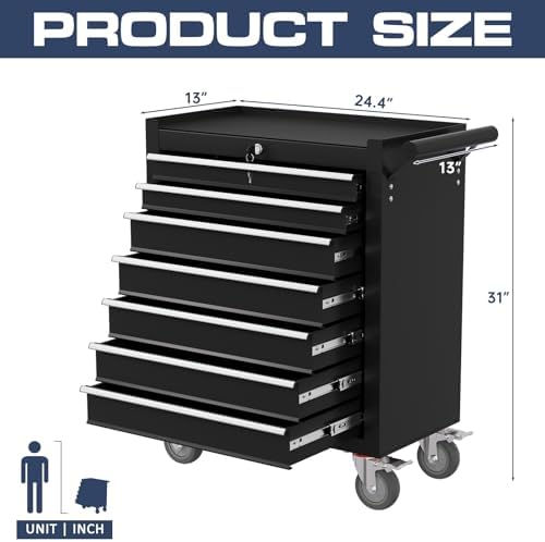 7-Drawer Tool Chest,Rolling Tool Cart with Wheels,High Capacity Tool Cabinet with Locking System for Garage, Warehouse, Workshop-Black