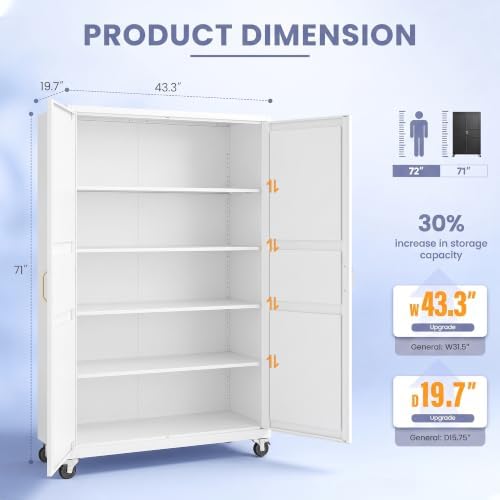 Metal Garage Storage Cabinet with Wheels, Wide & Deep Storage Cabinet with Door and Adjustable Shelves, 71" Rolling Tool Cabinet for Garage, Basement, Home Office