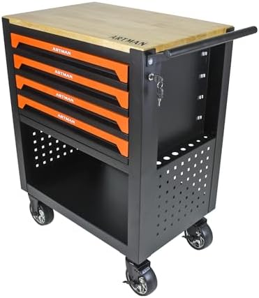Lockable 4-Drawer Rolling Tool Chest with Wooden Top Workbench