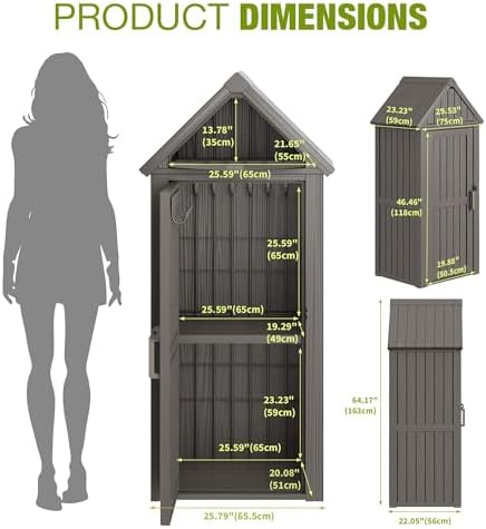 Outdoor Storage Shed, Waterproof Storage Cabinet with Sloping Roof and Lockable Door, Resin Shed with Ample Space, Multiple Hooks for Backyard Patio, Garden, Lawn, Classic Grey