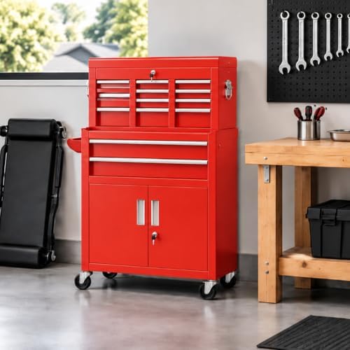 Bonusall 8 Drawer Rolling Tool Chest and Cabinet Combo,Heavy-Duty Metal Garage Tool Chest with Wheels and 2 Doors,2-in-1 Top Box and Roller Cabinet Combo for Garage, Workshop, Warehouse-Red