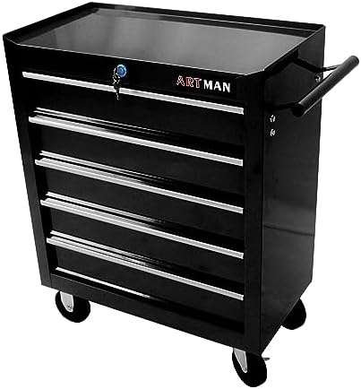 5-Drawer Rolling Tool Chest Cabinet, Large Capacity Metal Tool Box with Wheels and Keyed Locking, Roll Around Storage Organizer Tool Cart for Garage, Warehouse, Work Shop (Black07)