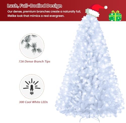 6ft White Prelit Christmas Tree with 300 LED White Lights, 726 Dense Branch Tips, Versatile Holiday Tree for Christmas, Halloween and Party Decor
