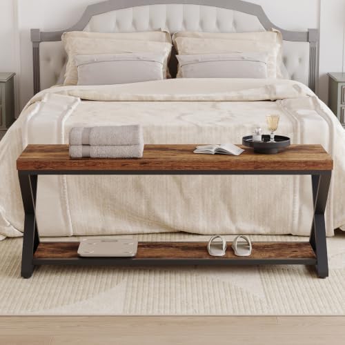 IBF Rustic Entryway Bench with Storage, Rustic Brown Wood and Metal Bench