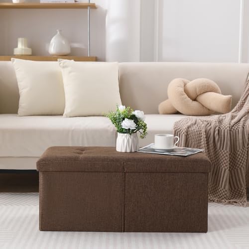 Storage Ottoman Bench Foldable Footrest Foot Stool, 30" Fabric Brown