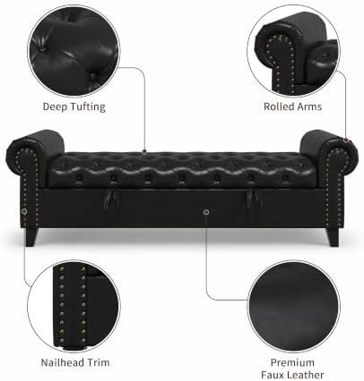 67 Inch Faux Leather Storage Bench with Rolled Arms, Chesterfield Tufted Ottoman Bench with Nailhead Trim, Upholstered End of Bed Bench for Bedroom, Entryway and Living Room, Black