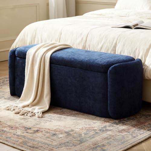 VKNOW Storage Bench, Upholstered Storage Ottoman Bench with Hinge, Navy
